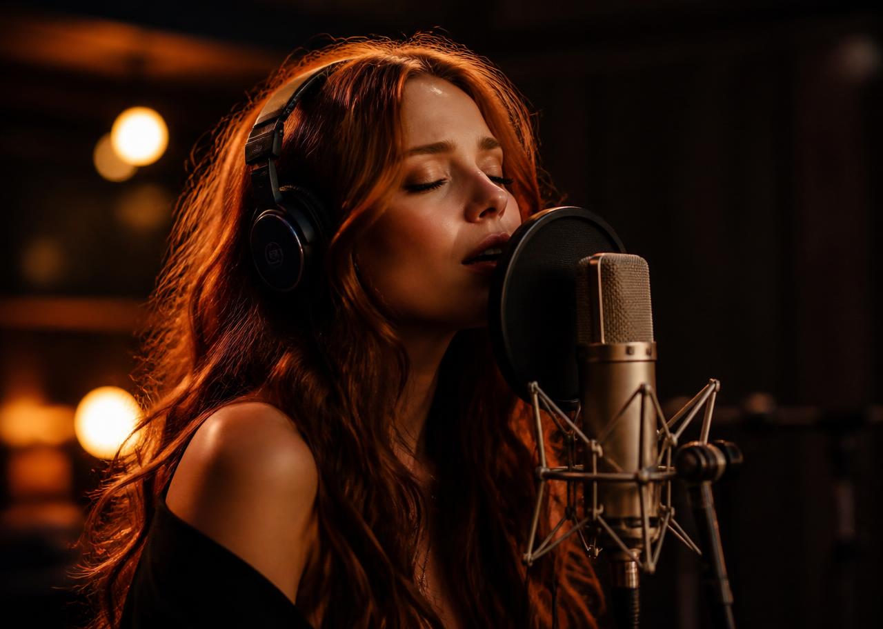 Singer recording vocals in a professional studio